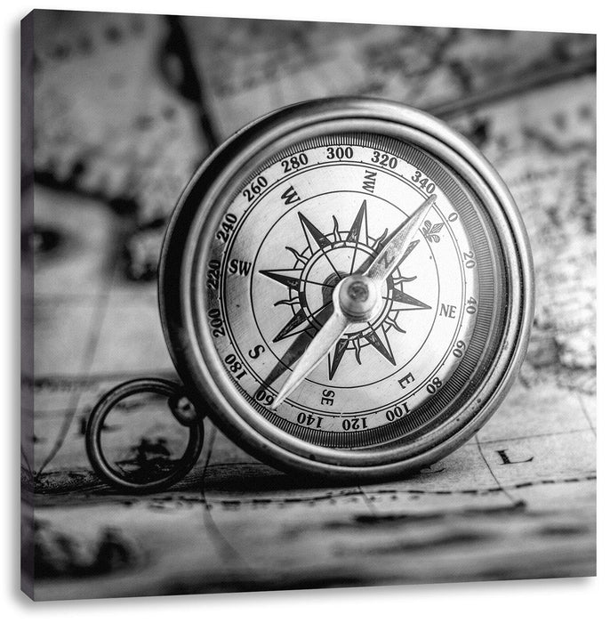 Alter Kompass auf Weltkarte, Monochrome Leinwanbild Quadratisch