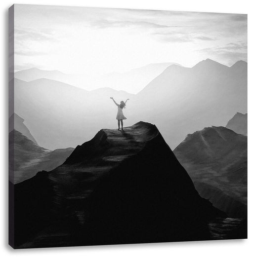 Einsame Frau auf Felszug Anbetung, Monochrome Leinwanbild Quadratisch