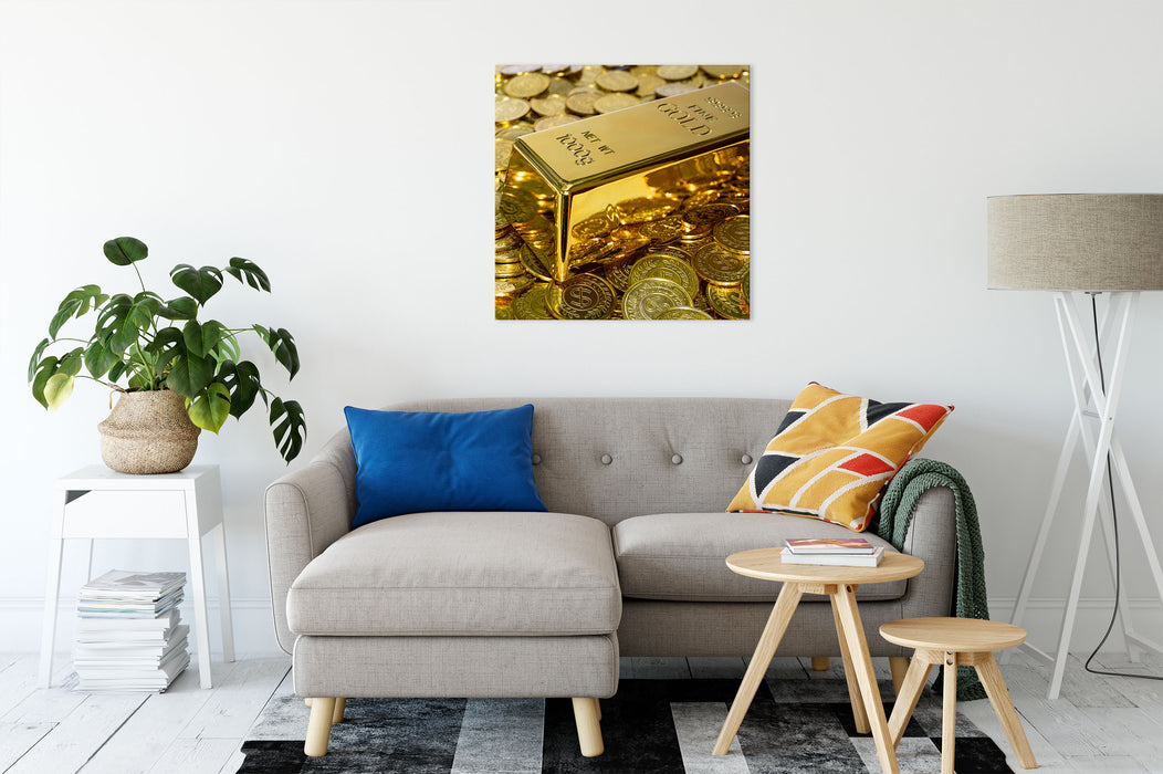 Goldbarren zwischen Goldmünzen Leinwandbild Wohnzimmer Quadratisch