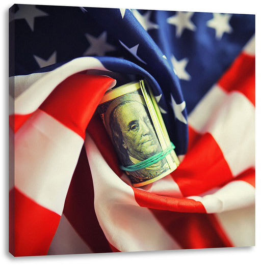 USA Flagge mit Dollarschein Leinwandbild Quadratisch