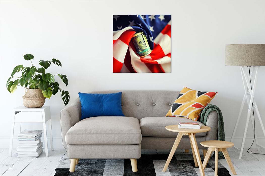 USA Flagge mit Dollarschein Leinwandbild Wohnzimmer Quadratisch