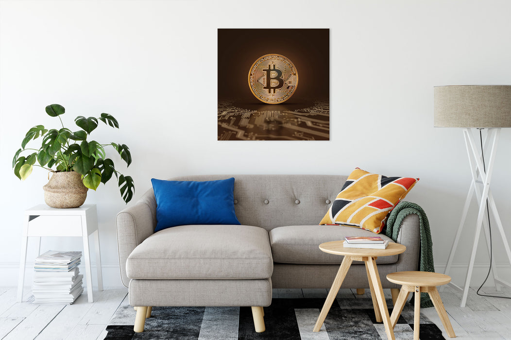 Bitcoin BTC mit Grafikkarte  Leinwandbild Wohnzimmer Quadratisch
