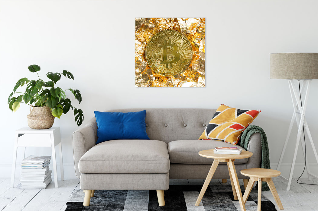 Bitcoin BTC Goldpapier Leinwandbild Wohnzimmer Quadratisch