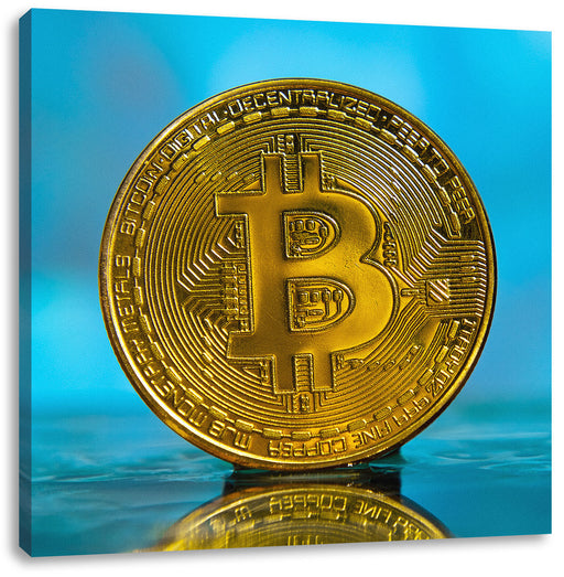 Bitcoin BTC reflektiert Wasser Leinwandbild Quadratisch