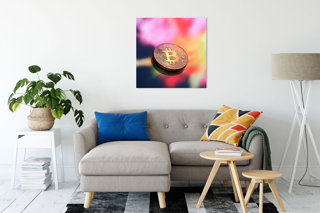 Bitcoin BTC bunte Darstellung Leinwandbild Wohnzimmer Quadratisch