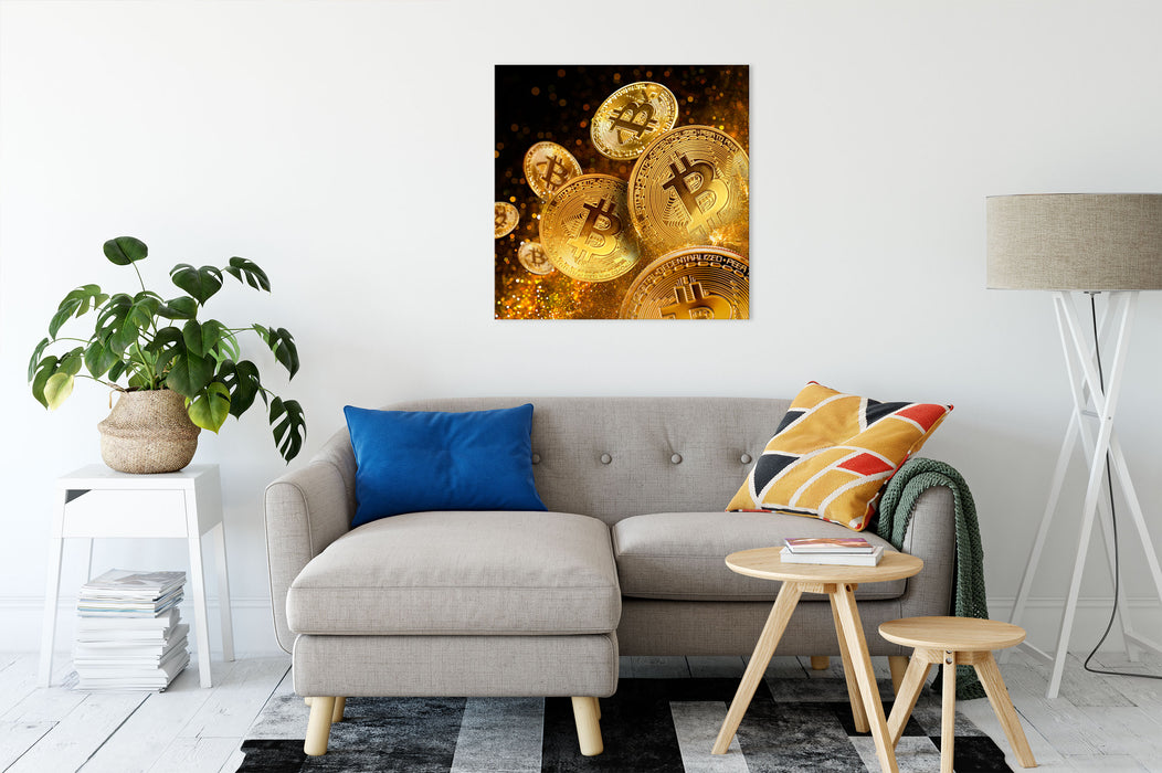 funkelnder Bitcoin BTC Leinwandbild Wohnzimmer Quadratisch