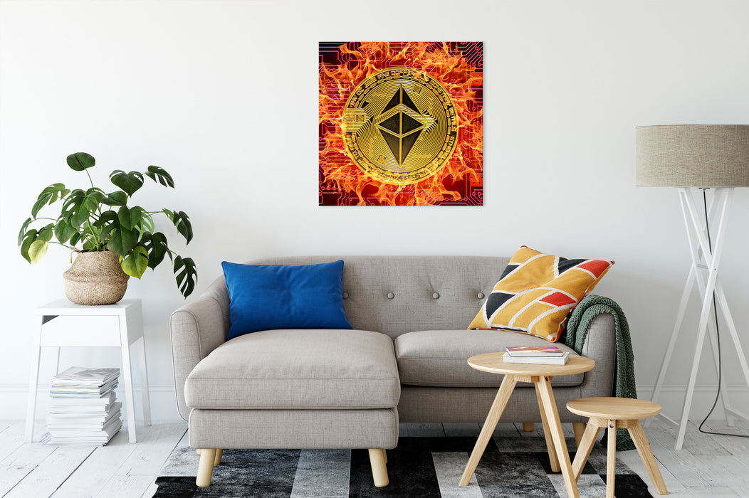 Bitcoin BTC mit Flammen Leinwandbild Wohnzimmer Quadratisch
