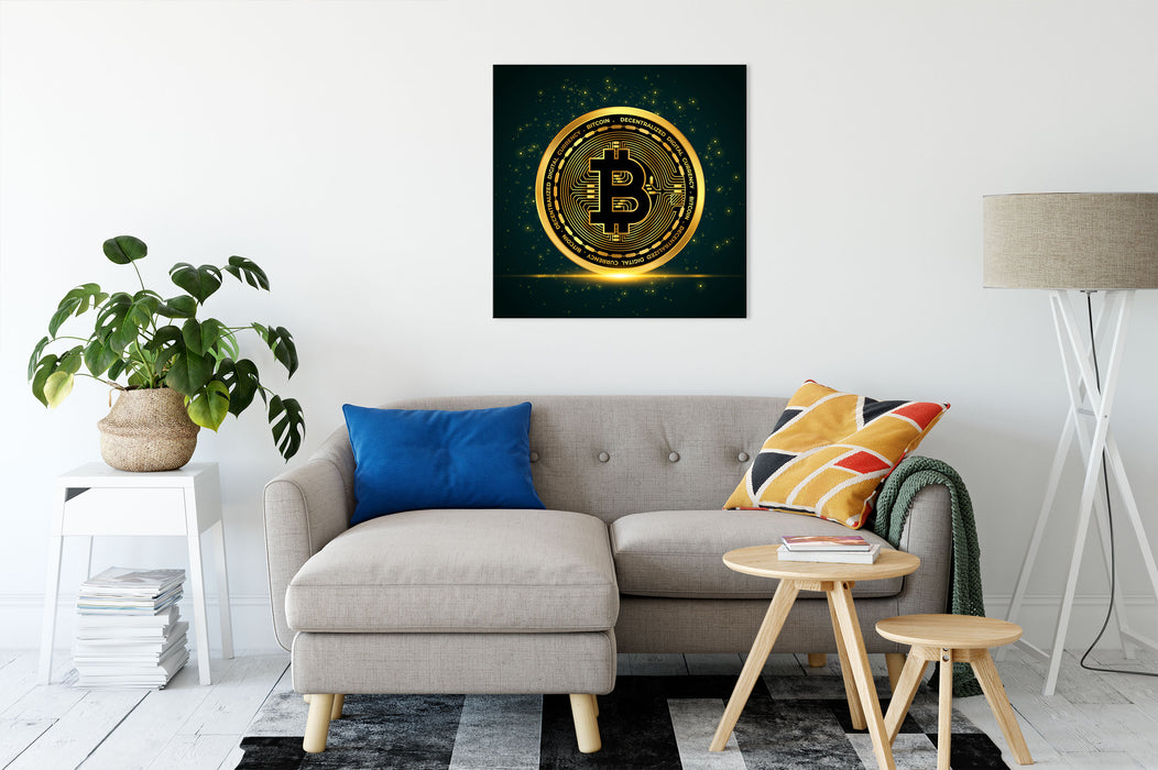 funkelnder Bitcoin BTC Leinwandbild Wohnzimmer Quadratisch