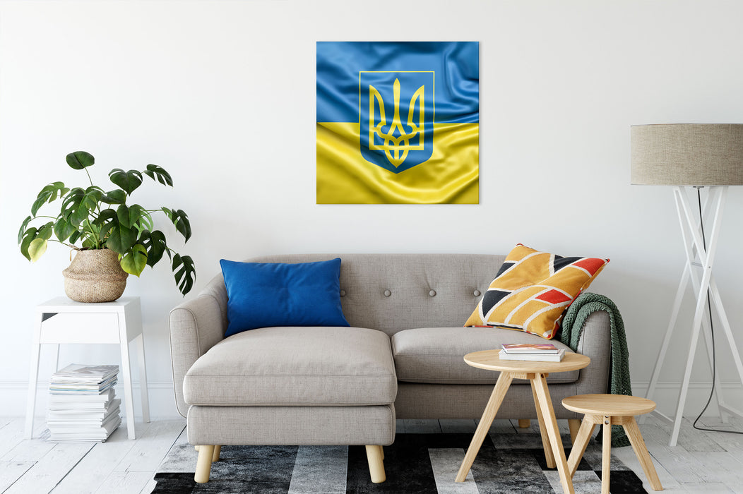 Ukraine Flagge mit Wappen Leinwandbild Wohnzimmer Quadratisch