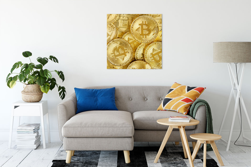 goldfarbene Bitcoins BTC Leinwandbild Wohnzimmer Quadratisch
