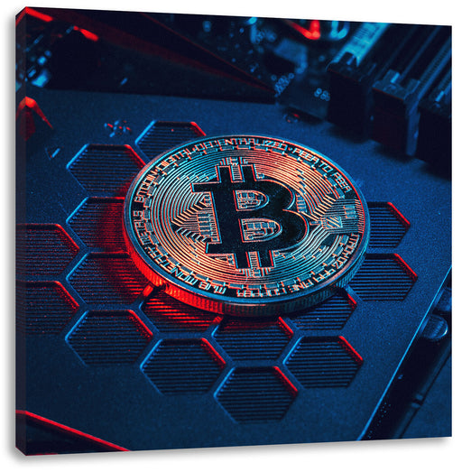 Bitcoin BTC auf Computerchip Leinwandbild Quadratisch