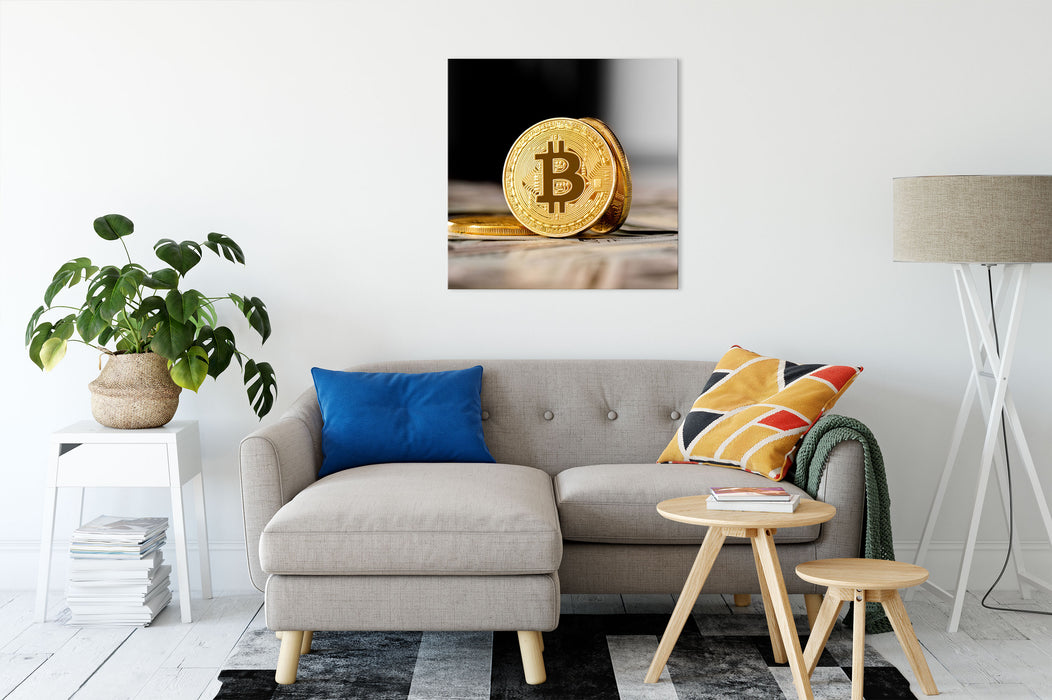 Bitcoins BTC Dollarschein Leinwandbild Wohnzimmer Quadratisch