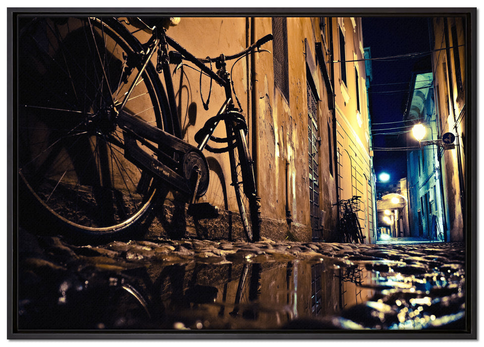 Seitengasse mit Fahrrad auf Leinwandbild gerahmt Größe 100x70