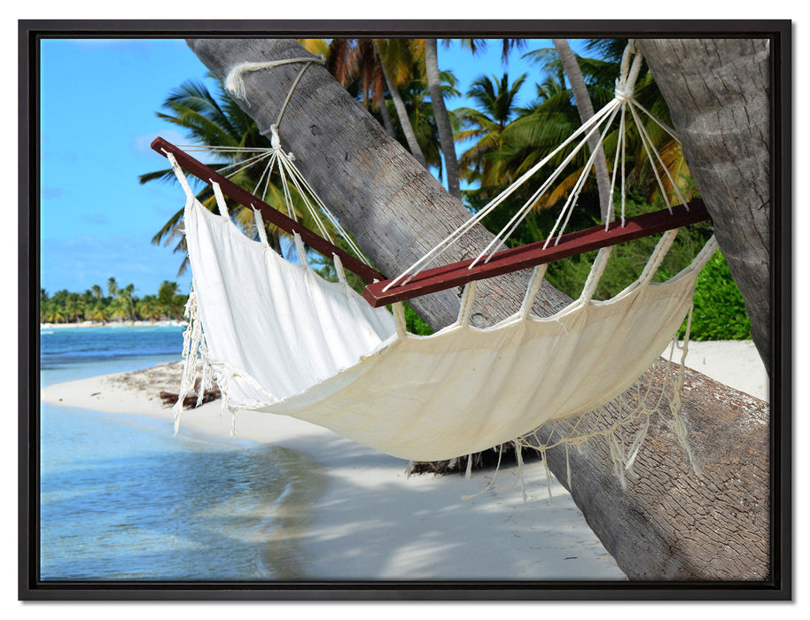 Gemütliche Hängematte am Strand auf Leinwandbild gerahmt Größe 80x60