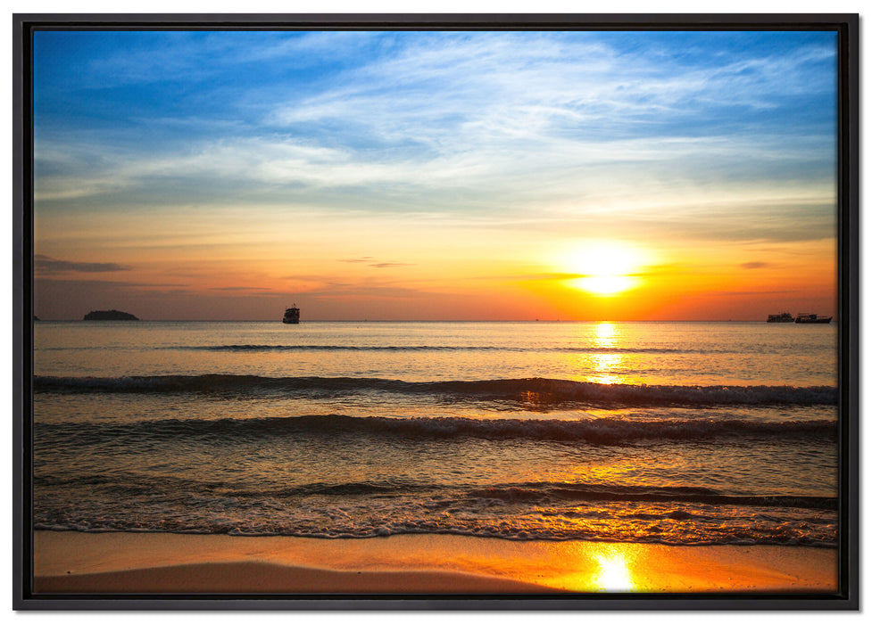Strand Sonnenuntergang wunderschön auf Leinwandbild gerahmt Größe 100x70