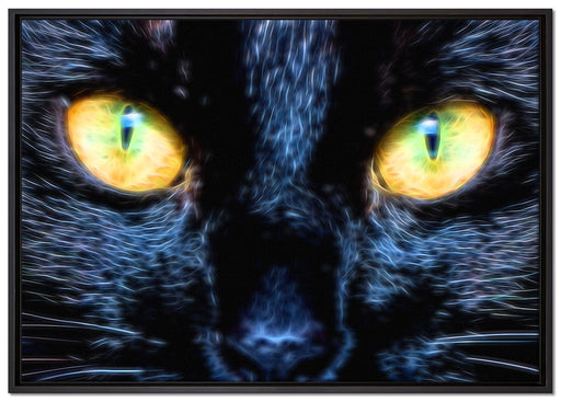 Schwarze Katze mit gelben Augen auf Leinwandbild gerahmt Größe 100x70