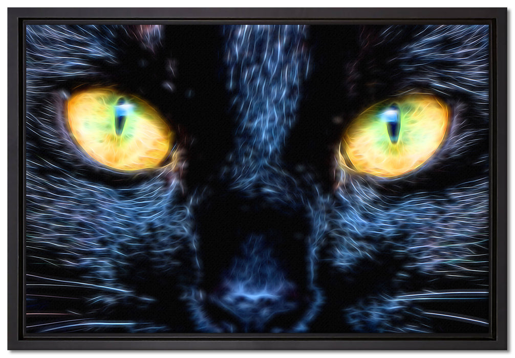 Schwarze Katze mit gelben Augen auf Leinwandbild gerahmt Größe 60x40