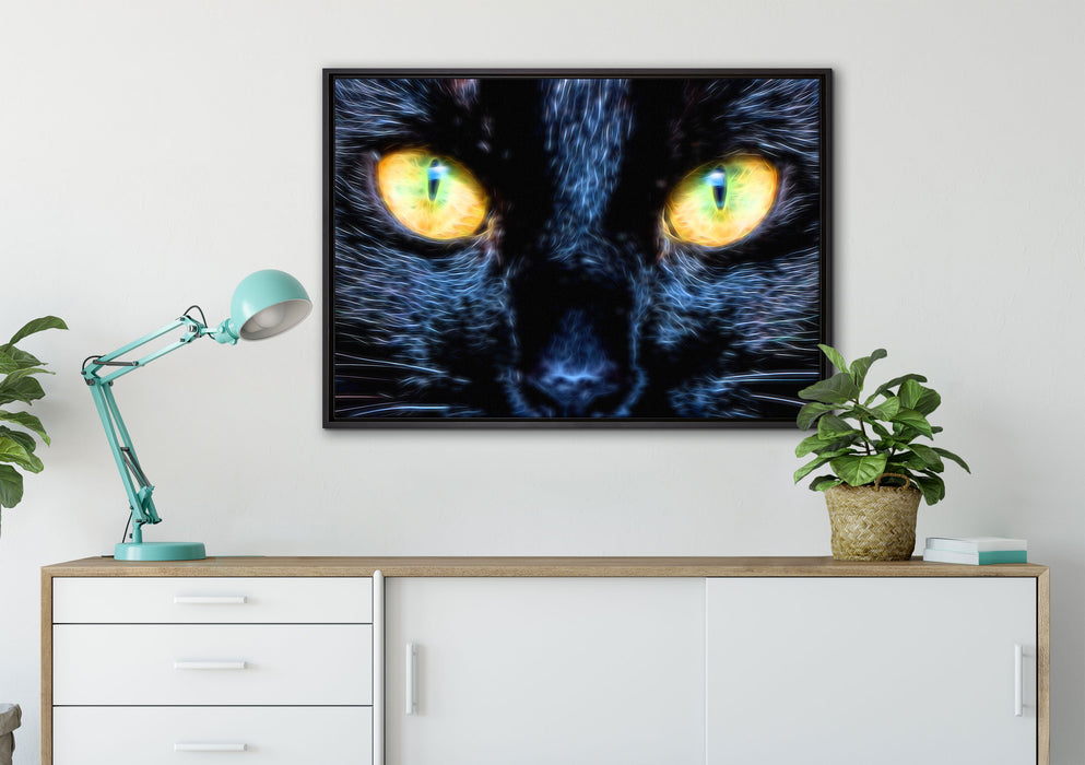 Schwarze Katze mit gelben Augen auf Leinwandbild gerahmt verschiedene Größen im Wohnzimmer