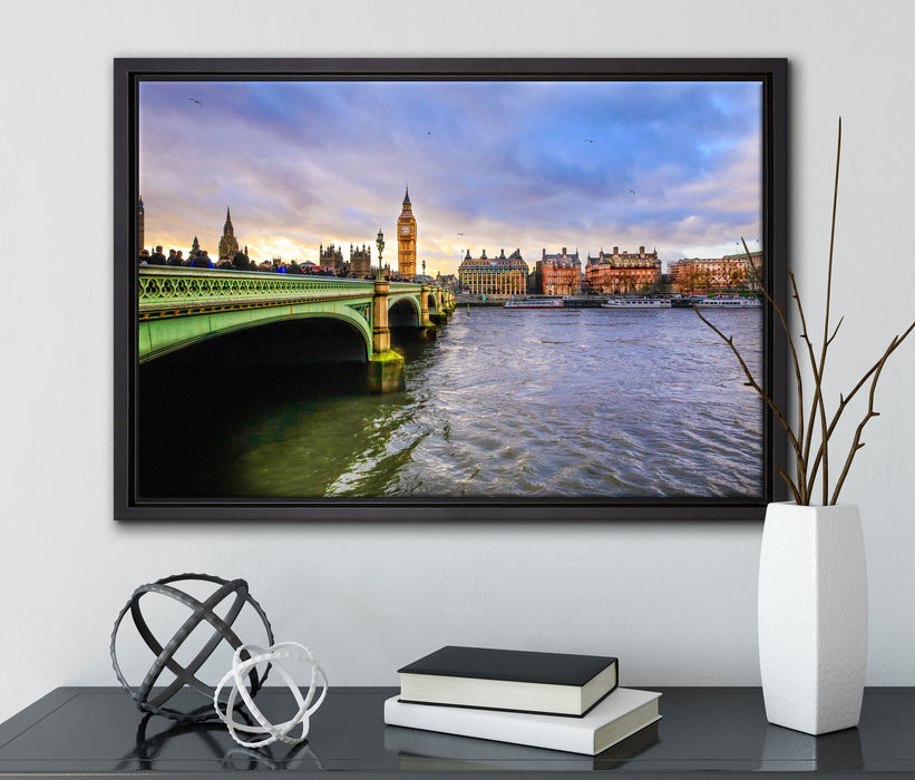 Big Ben an der Themse auf Leinwandbild gerahmt mit Kirschblüten