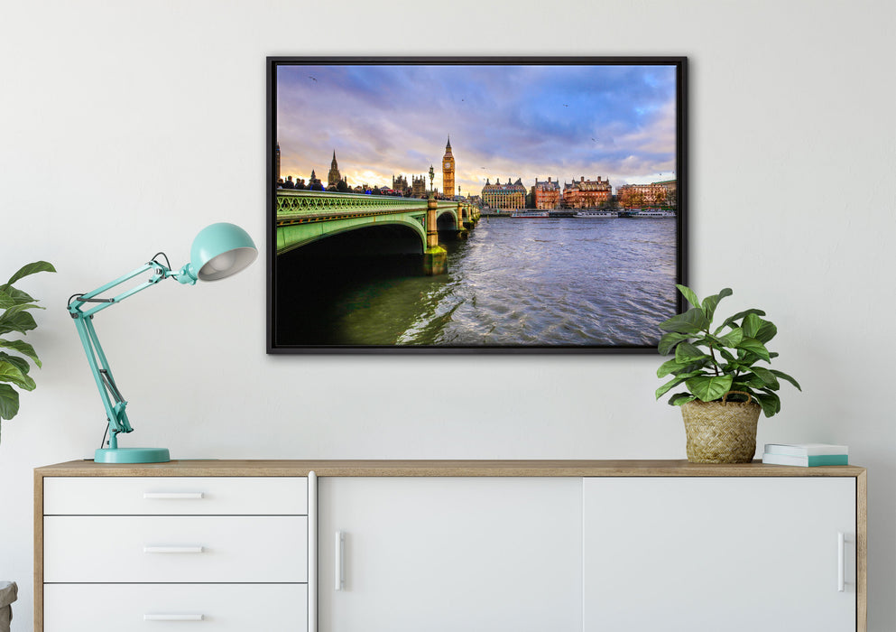 Big Ben an der Themse auf Leinwandbild gerahmt verschiedene Größen im Wohnzimmer