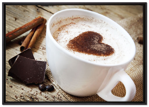 Tasse Kaffee mit Schokolade auf Leinwandbild gerahmt Größe 100x70