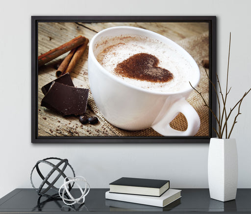 Tasse Kaffee mit Schokolade auf Leinwandbild gerahmt mit Kirschblüten