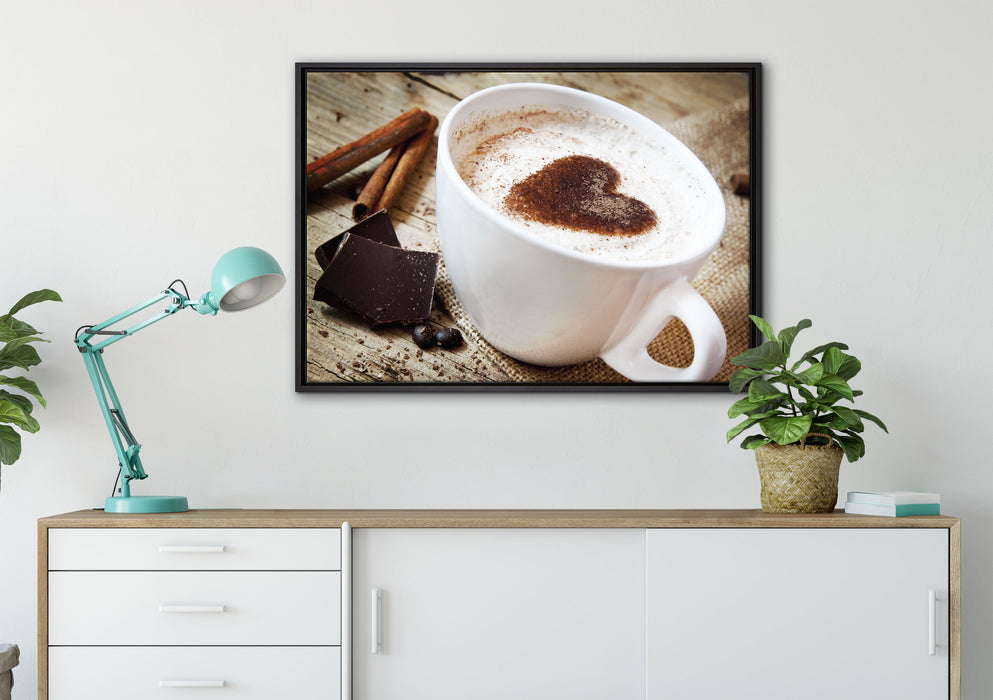 Tasse Kaffee mit Schokolade auf Leinwandbild gerahmt verschiedene Größen im Wohnzimmer