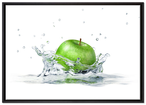 Grüner Apfel fällt in Wasser auf Leinwandbild gerahmt Größe 100x70