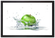 Grüner Apfel fällt in Wasser auf Leinwandbild gerahmt Größe 60x40