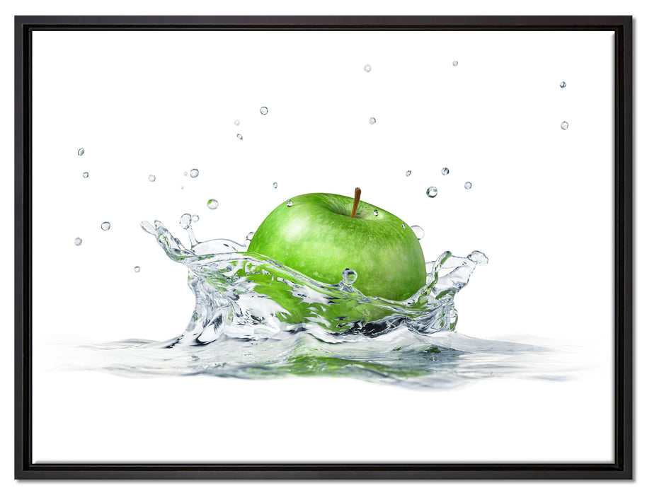 Grüner Apfel fällt in Wasser auf Leinwandbild gerahmt Größe 80x60