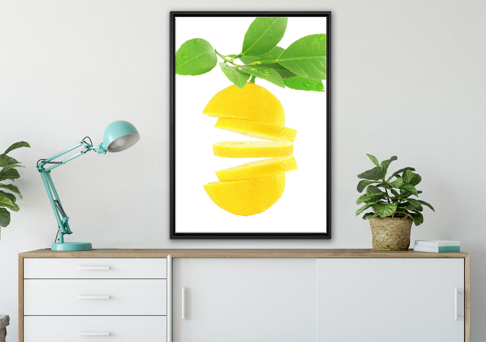 Leckere zerschnittene Zitrone auf Leinwandbild gerahmt verschiedene Größen im Wohnzimmer