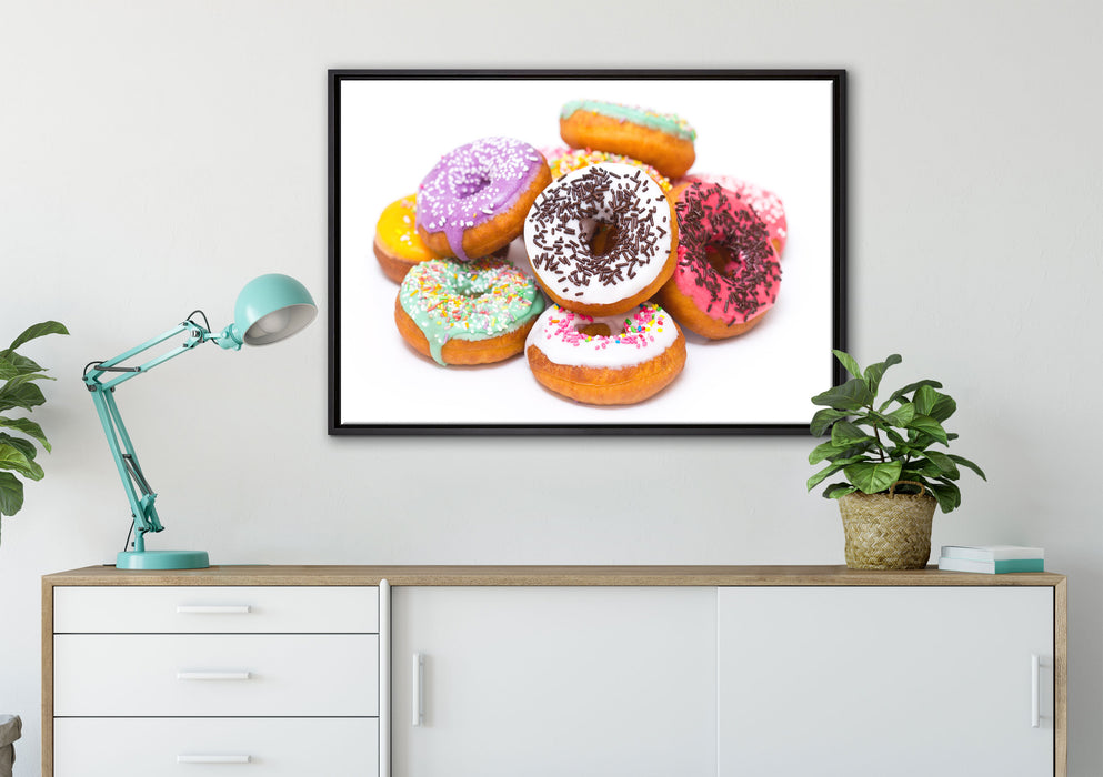 Leckere bunte Donuts auf Leinwandbild gerahmt verschiedene Größen im Wohnzimmer