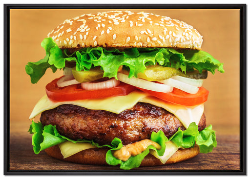 Köstlicher Burger auf Holztisch auf Leinwandbild gerahmt Größe 100x70