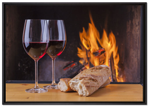 Zwei Gläser Wein mit Baguette auf Leinwandbild gerahmt Größe 100x70