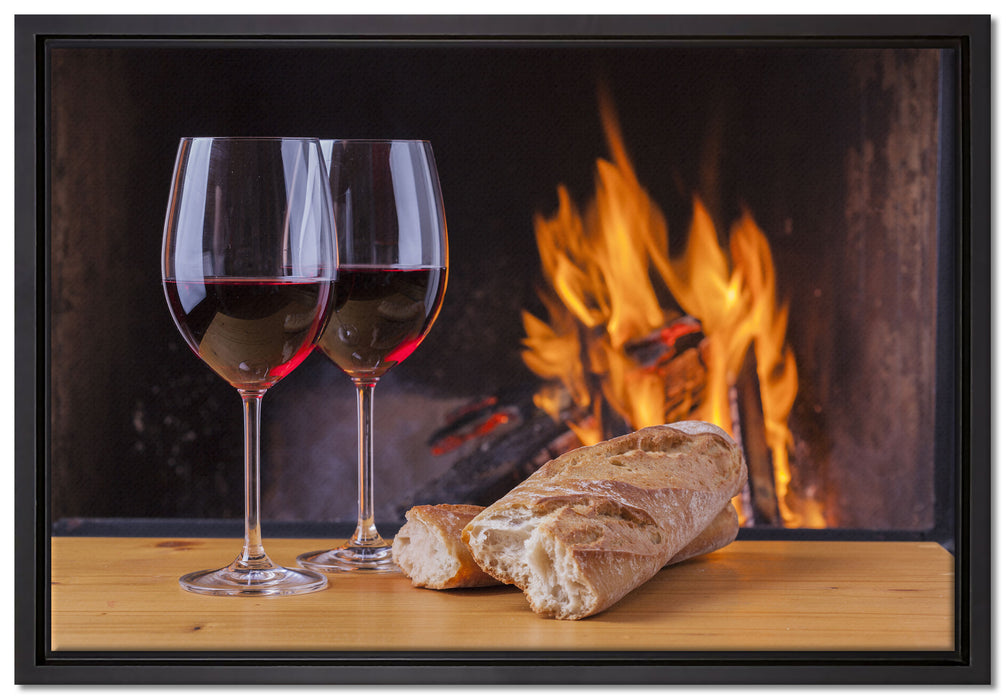 Zwei Gläser Wein mit Baguette auf Leinwandbild gerahmt Größe 60x40