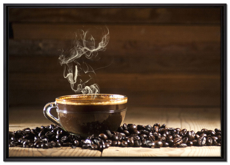Kaffee zwischen Kaffeebohnen auf Leinwandbild gerahmt Größe 100x70