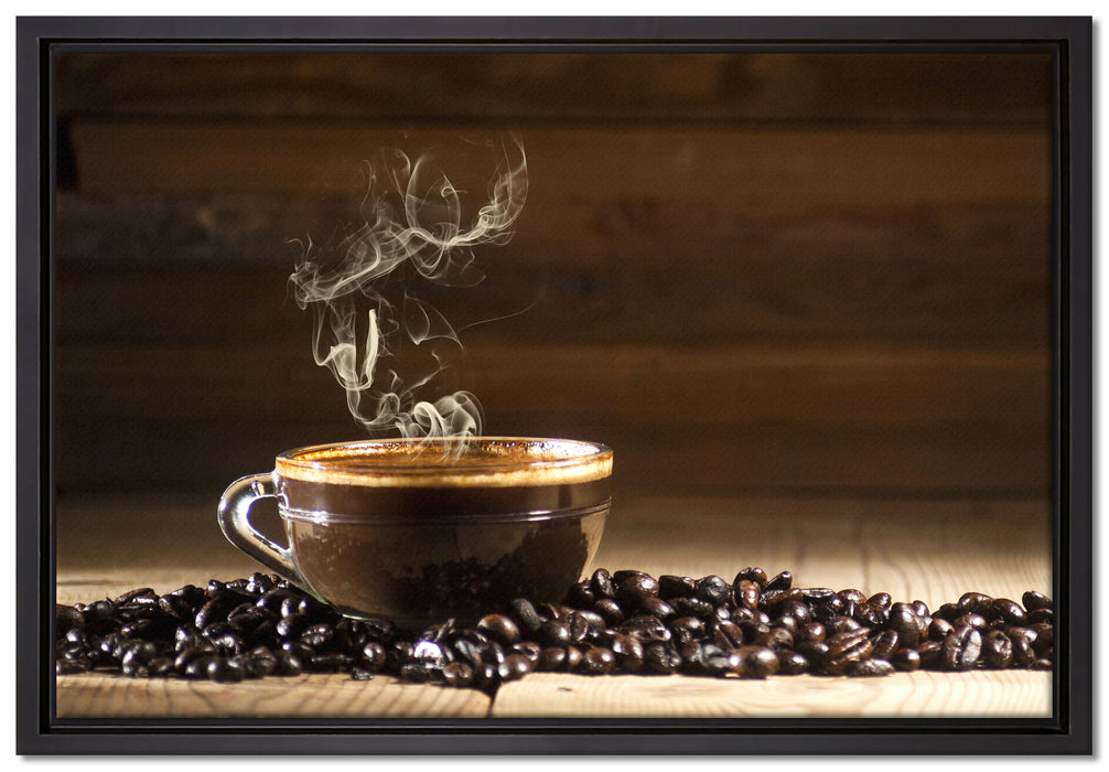 Kaffee zwischen Kaffeebohnen auf Leinwandbild gerahmt Größe 60x40