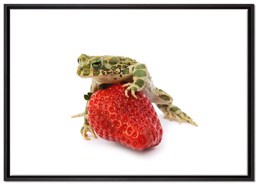 Kleiner Frosch sitzt auf Erdbeere auf Leinwandbild gerahmt Größe 100x70