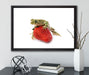 Kleiner Frosch sitzt auf Erdbeere auf Leinwandbild gerahmt mit Kirschblüten