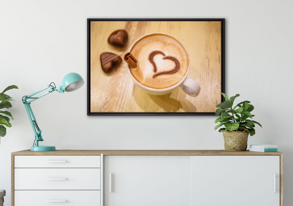 Leckerer Cappucino mit Herz auf Leinwandbild gerahmt verschiedene Größen im Wohnzimmer
