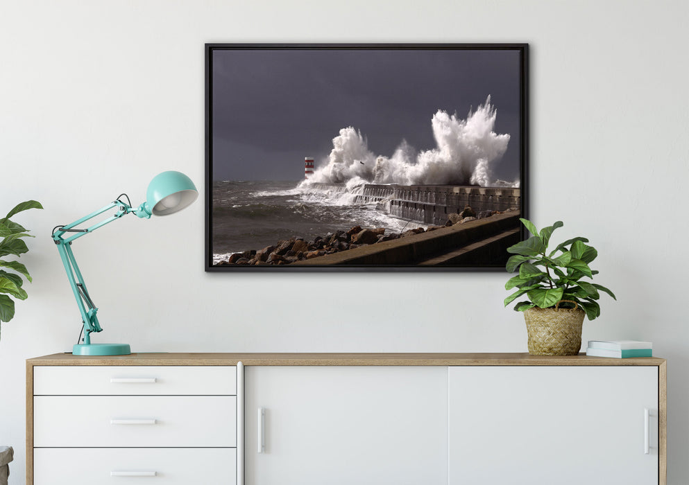 Aufbrausende Wellen an Küste auf Leinwandbild gerahmt verschiedene Größen im Wohnzimmer