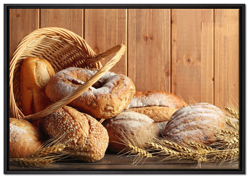 Korb mit leckerem frischen Brot auf Leinwandbild gerahmt Größe 100x70