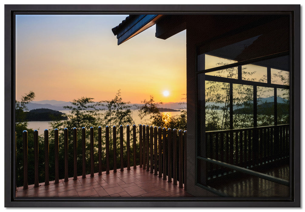 Haus am See bei Sonnenuntergang auf Leinwandbild gerahmt Größe 60x40