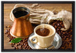 Frisch Kaffee mit Kaffeebohnen auf Leinwandbild gerahmt Größe 60x40