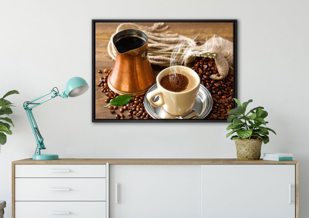 Frisch Kaffee mit Kaffeebohnen auf Leinwandbild gerahmt verschiedene Größen im Wohnzimmer