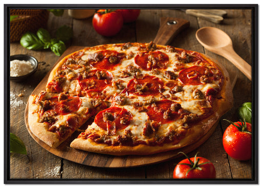 Pizza mit Salami und Tomaten auf Leinwandbild gerahmt Größe 100x70