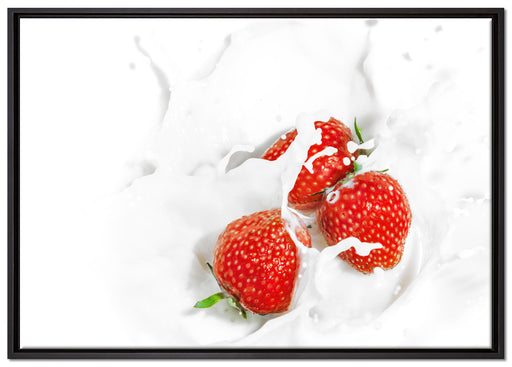 Leckere Erdbeeren in Milch auf Leinwandbild gerahmt Größe 100x70