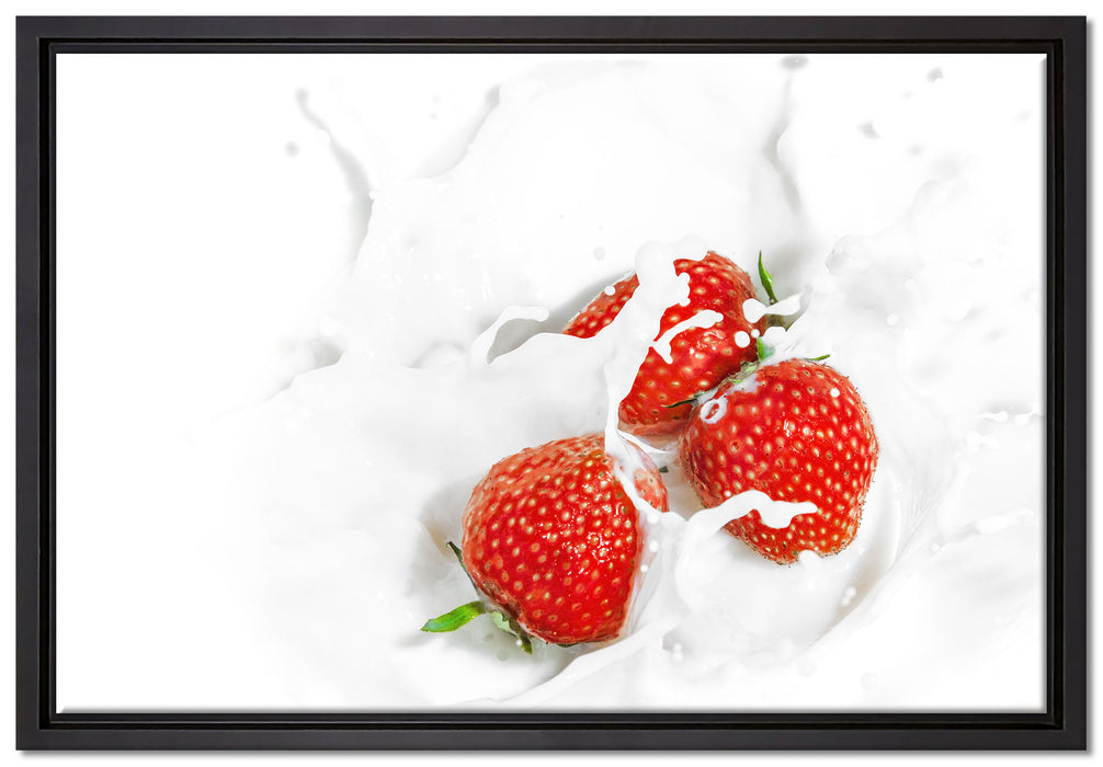 Leckere Erdbeeren in Milch auf Leinwandbild gerahmt Größe 60x40