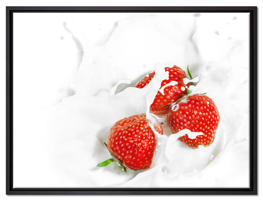 Leckere Erdbeeren in Milch auf Leinwandbild gerahmt Größe 80x60