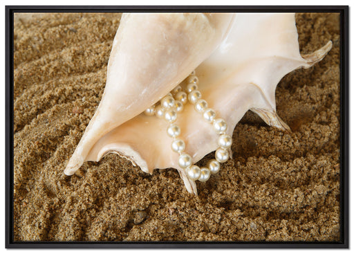 Muschel mit Perlenkette auf Leinwandbild gerahmt Größe 100x70